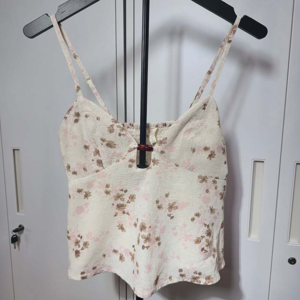 Sim & Sam Floral Print Linen Blend Baby Doll Camisole Top Size L